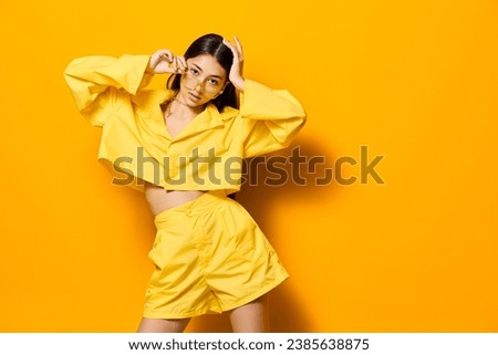 young woman trendy girl yellow glasses beautiful attractive lifestyle fashion funny