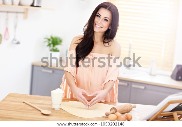 Young Woman Trying Make Pierogi Kitchen Stock Photo Edit Now 1050202148