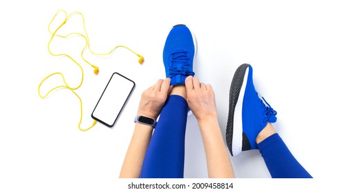 Young Woman Tying Shoelace Before Workout, Getting Ready For Jogging