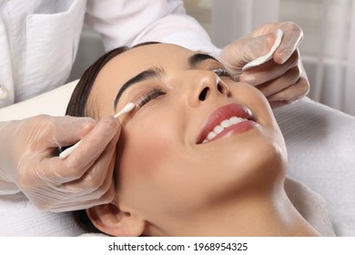 Young Woman Undergoing Eyelash Lamination In Salon, Closeup