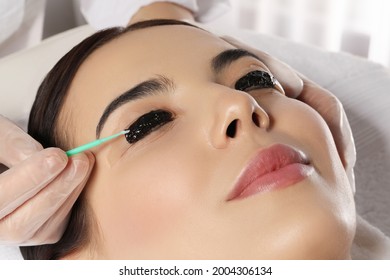 Young Woman Undergoing Eyelash Lamination And Tint In Salon, Closeup