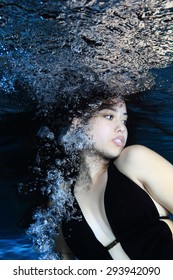 Young Woman Underwater With Air Bubbles 