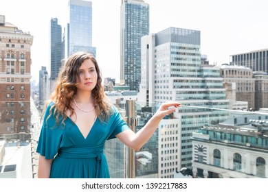 Young Woman Unhappy Standing On Rooftop Restaurant In New York City NYC At Wedding Reception With Cityscape Skyscrapers