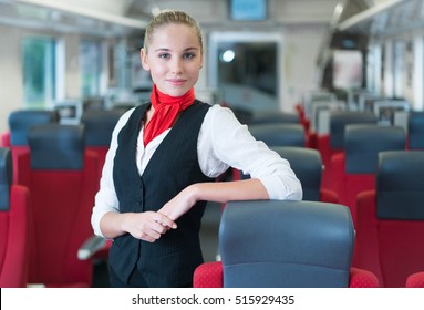 Young woman in uniform in the train