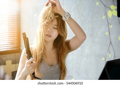 Young Woman Upset Boring Damaged Her Hair With Straightener