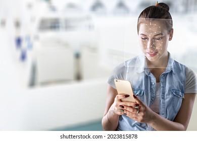 Young Woman Using Face Recognition Via Smart Mobile Phone Indoors, Biometric Verification