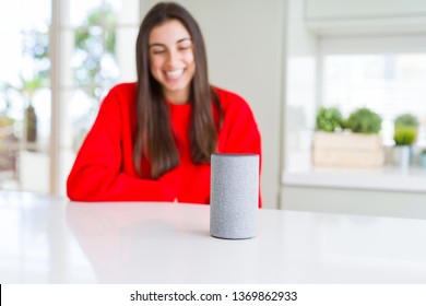 Young Woman Using Home Intelligent Device, Interactive Voice Assistant System