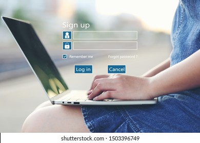 Young Woman Using Laptop Computer And Sign Up Or Log In Username Password In Coffee Shop,GDPR.cyber Security And Privacy Concept