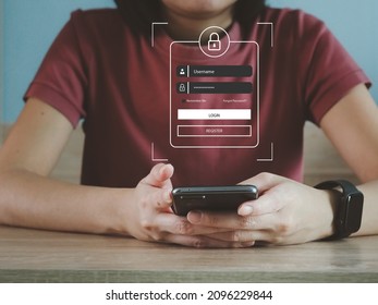 young woman using phone in cybersecurity User login and user credentials cyber defense focus on hand - Shutterstock ID 2096229844