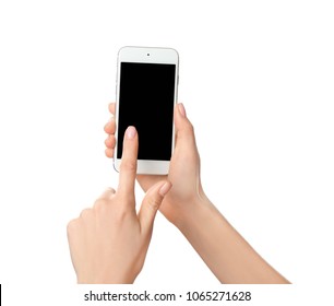 Young Woman Using Phone On White Background