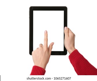 Young woman using tablet computer on white background