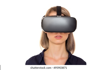 Young Woman Using Vr Glasses. Virtual Reality Headset. Isolated