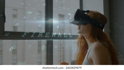 Young woman using VR headset exploring digital firewall interface at home. Virtual reality, cybersecurity, technology, innovation, immersive, futuristic - Powered by Shutterstock - Get 15% off with code: PIKWIZARD15
