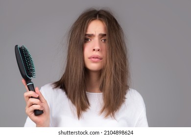 Young Woman Is Very Upset Because Of Hair Loss. Haircut And Healthy Haircare. Serious Hair Loss Problem For Health Care Shampoo.