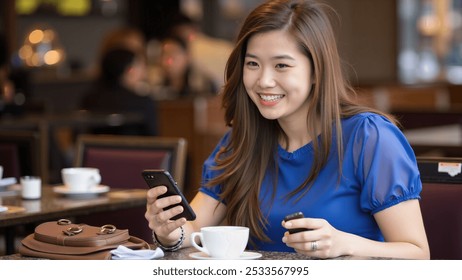 A young woman in a vibrant blue blouse smiles warmly while enjoying a coffee break at an outdoor café. She holds a smartphone in one hand and a piece of chocolate in the other, capturing a moment of r - Powered by Shutterstock