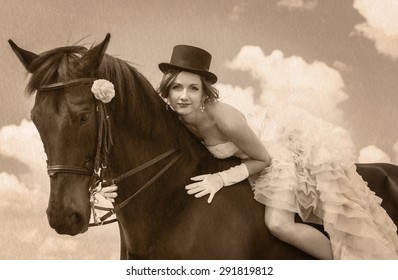 Young woman in vintage dress and her horse at summer day. Paper texture, sepia toned.