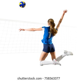 Young woman voleyball player isolated (ver with ball and net)