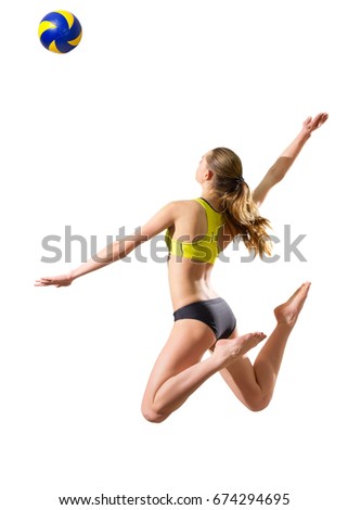 Young woman volleyball player isolated (version with ball)