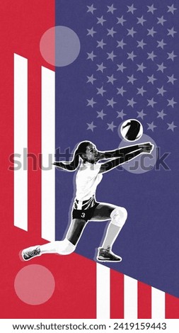 Young woman, volleyball player in motion during game, playing representing team of USA. Concept of sport, championship, tournament, match. Creative design, poster for sport event. Grainy effect