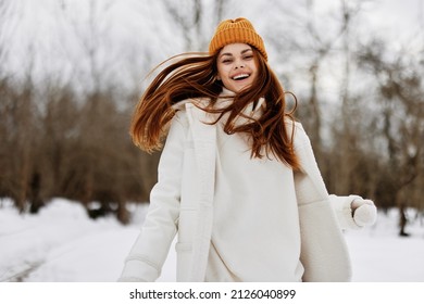 young woman Walk in winter field landscape outdoor entertainment Lifestyle