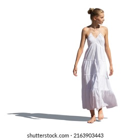 Young Woman Walking Barefoot In A White Long Summer Dress, Isolated On White Background With Shadow