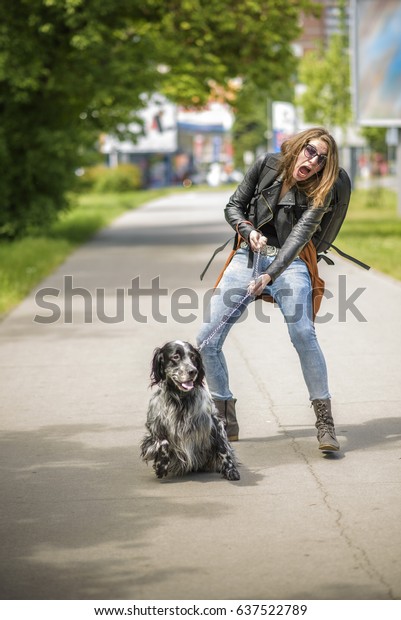 Young Woman Walking Her Dog On Stock Photo (Edit Now) 637522789