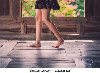 Young Woman Is Walking On Floor In Korean Traditional House. 