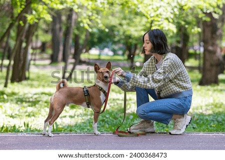 A young woman walks with an African basenji dog on a leash in the park.