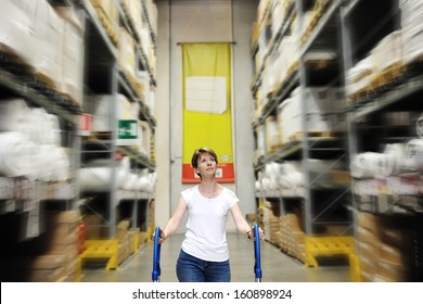 Young Woman Walks Pushing The Cart Between The High Shelves Of A Home Improvement Store In A Shopping Mall