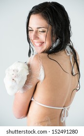 Young Woman Washing Body With Shower Gel At Home Or Hotel