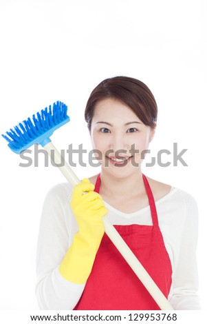 young woman washing with brush, isolated on white background