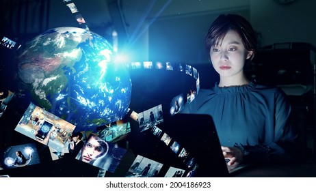 Young woman watching Graphical User Interface. Communication network. Elements of this image furnished by NASA. 3D rendering. - Powered by Shutterstock