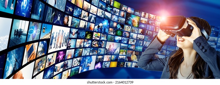 Young woman watching stereoscopic images with virtual reality goggles. Digital contents concept. Social networking service. Streaming video. 3D movie. VR games. - Powered by Shutterstock