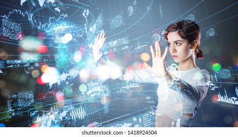 Young woman watching stereoscopic screens. Graphical User Interface.