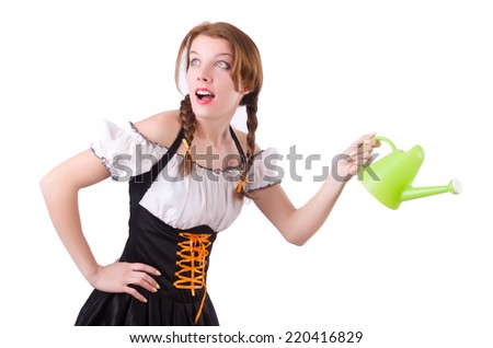 Young woman with watering can isolated on white