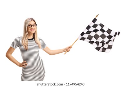 Young woman waving a checkered flag isolated on white background