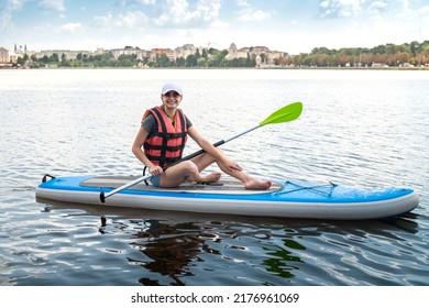  Young Woman Wear Life Vest Paddle Boarding On A Lovely Lake At Summer Hot Day, Active Lifestyle Sport And Relax