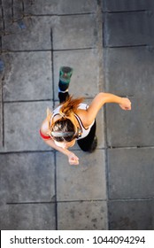 Young Woman Wear Sport Shoes Running On Pavement, Top View, Healthy Care Concept.