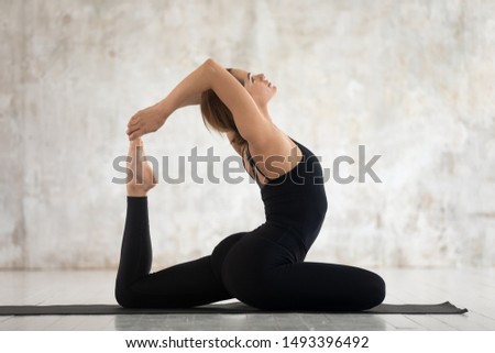 Similar – Image, Stock Photo Young woman stretching legs by sea pier