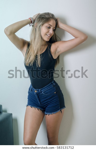 black top blue shorts