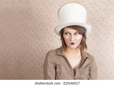 Young Woman Wearing A Creative Visage And A White Top Hat   