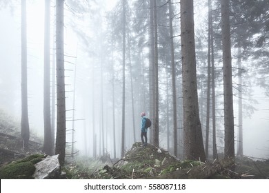 Young woman wearing hardshell waterproof jacket, trekking shoes and backpack exploring stunning autumn foggy forest in mountains - nature lovers, hiking or adventure concept - Powered by Shutterstock