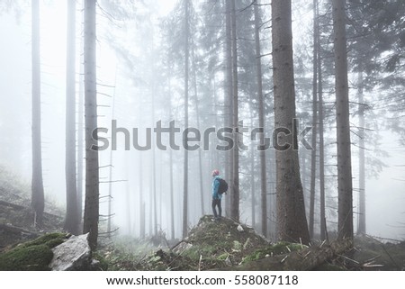 Young woman wearing hardshell waterproof jacket, trekking shoes and backpack exploring stunning autumn foggy forest in mountains - nature lovers, hiking or adventure concept