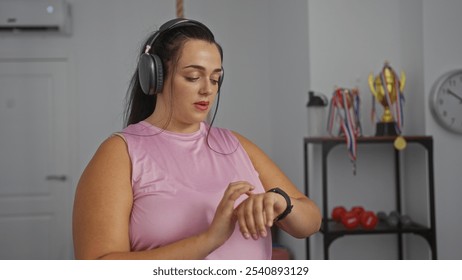 Young woman wearing headphones checking smartwatch in gym interior with trophies and workout equipment - Powered by Shutterstock