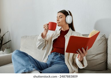 A young woman wearing headphones sips coffee while reading a book on the couch in her living room. - Powered by Shutterstock