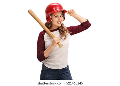 Young woman wearing a helmet and holding a baseball bat isolated on white background