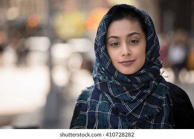 Young Woman Wearing Hijab Head Scarf In City Smile Happy Face Portrait