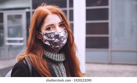 Young Woman Wearing Homemade Everyday Cloth Face Mask Outdoors In City - New Normal Covid-19 Corona Virus Pandemic Concept - Real People Lifestyle In Winter