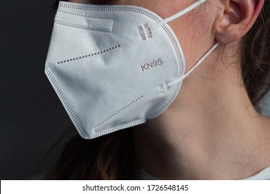 Young woman wearing KN-95 protection medical mask. Prevention of the spread of virus and epidemic, protective mouth filter mask. Diseases, flu, air pollution, corona virus concept
