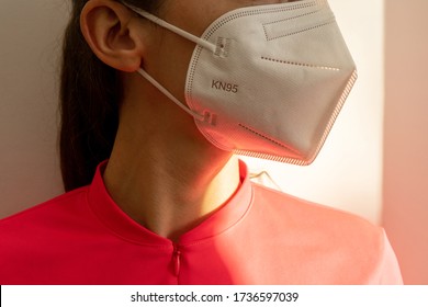 Young woman wearing KN-95 protection medical mask. Prevention of the spread of virus and epidemic, protective mouth filter mask. Diseases, air pollution and coronavirus defense concept.